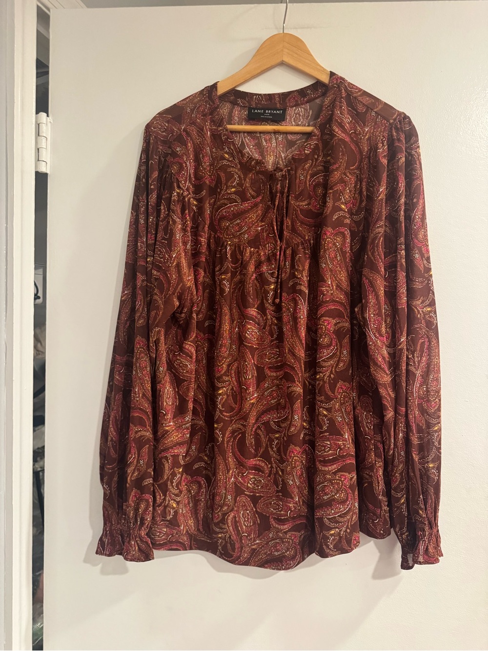 Lane Bryant Burgundy Paisley Peasant Top 14/16 Plus Size Boho Long Sleeve Blouse